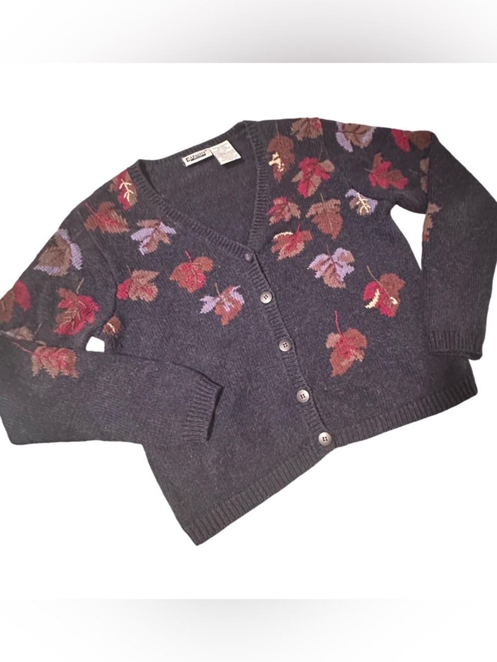 Vintage 1990's Fall Theme Leaves Long Sleeve V Neck Button Cardigan Sweater